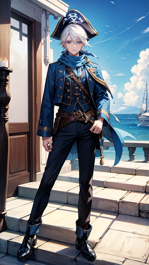 1male, white hair, pirate, sea, ships, blue eyes, scarf, blue outfit, black shoes, headphone, stairs, cloud