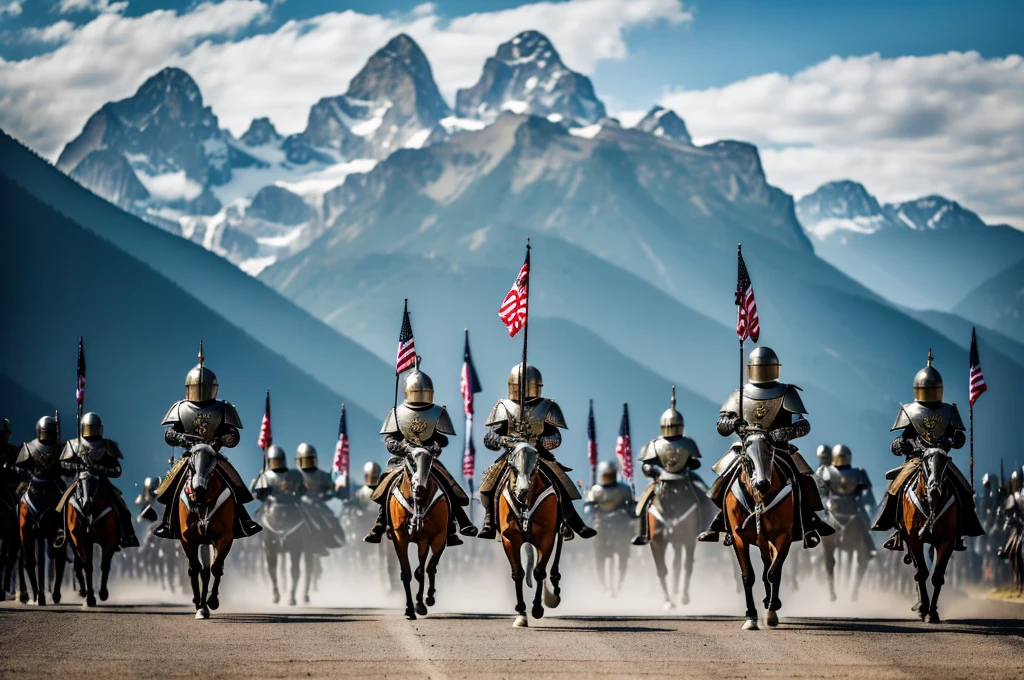 Army march, flags in the background, soldiers in heavy armor, cuirassier helmets, overall plan, In detail, high quality, a lot of soldiers, mountains in the background, cloak, soldiers&#39; spears, очень In detail, fantasies, High Expansion, ranks of soldiers march in formation, very many people