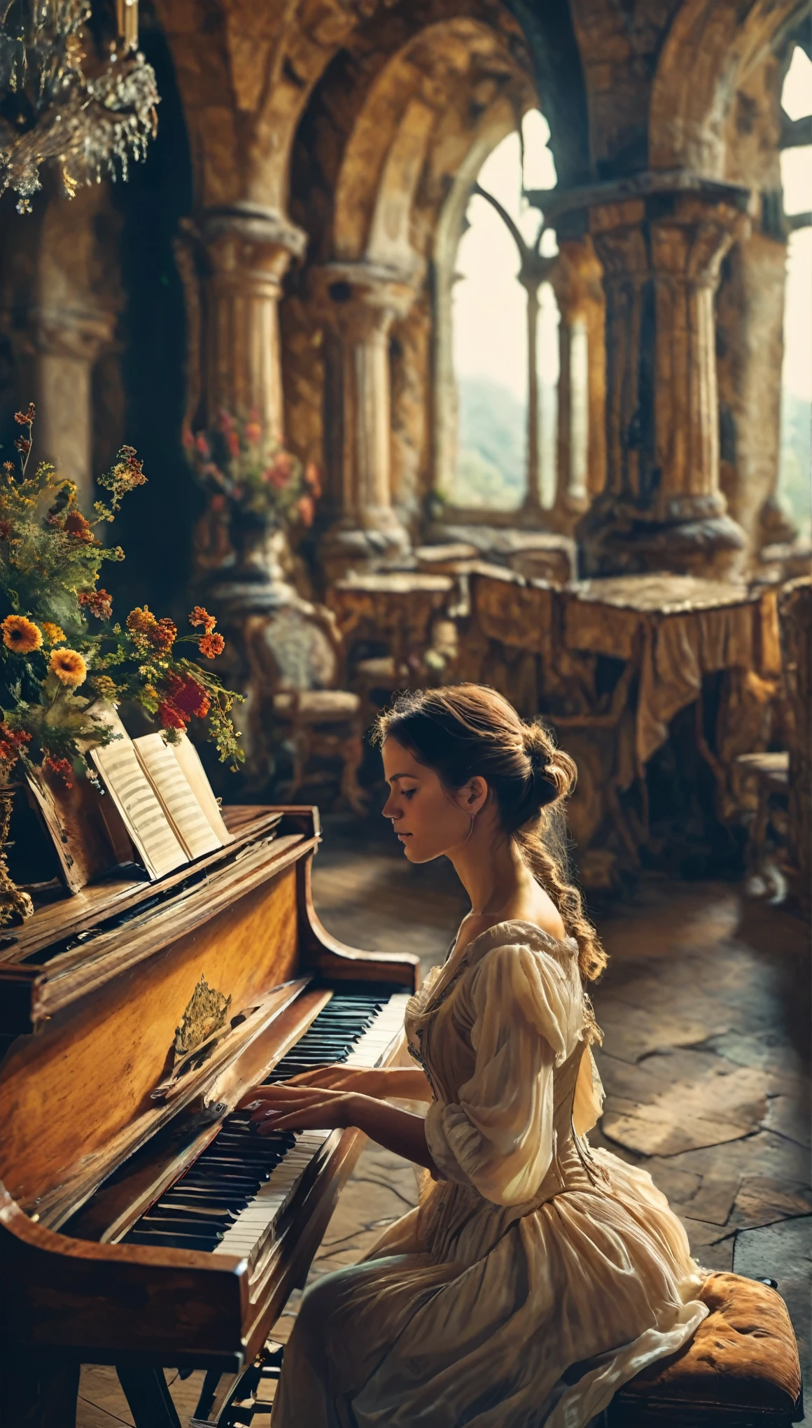 a woman playing piano in the castle