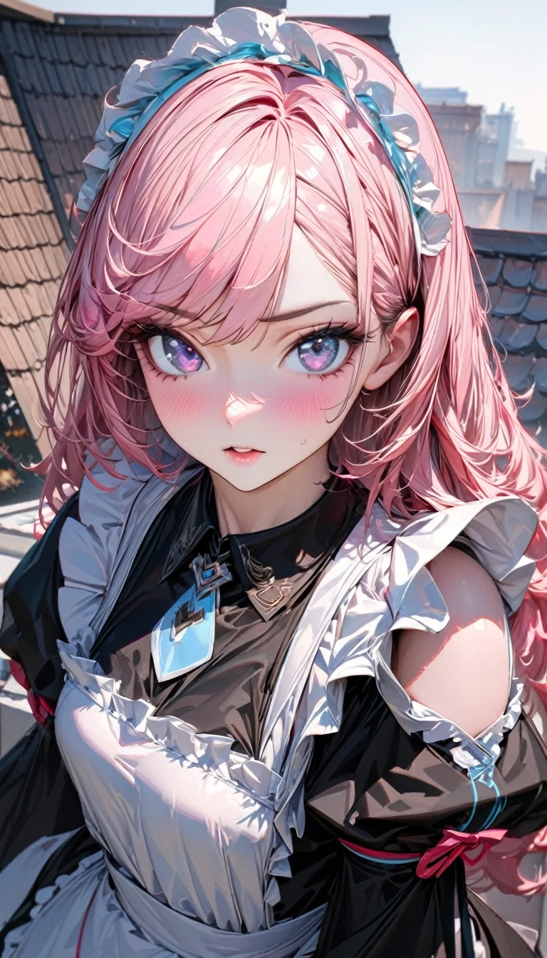 One person, woman, Ultra-high resolution, 超detailed, Highest quality, 8k,((Highest quality)), ((masterpiece)), (detailed),Face direction(front),Hair Color(Bright pale pink,Fine hair quality), Hairstyle(Well-organized), background(Rooftop,),eye(きれいなeye元), clothing(Maid),expression(Exquisite features depicting a perfect face),Body Type(model,Glamorous),Perfect hands,完璧なwoman像, Dramatic Shadows, Japanese, Cute pose, Anime characters, ,