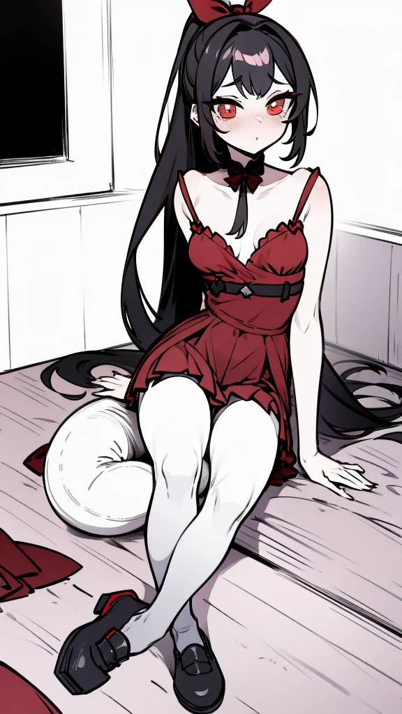 using pantimedies, wavy black hair, piercing look with deep red eyes, average stature, Silky hair with a ponytail hairstyle collected with a red bow with two white lines, with clothes, has a vagina, has breasts, cup of breasts, small breasts, slim, foreground, Session, sitting in her room, sitting on the floor of her room, wearing pantyhose, using pantimedies, Picardias, short skirt, shoes, blouse with straps, blush