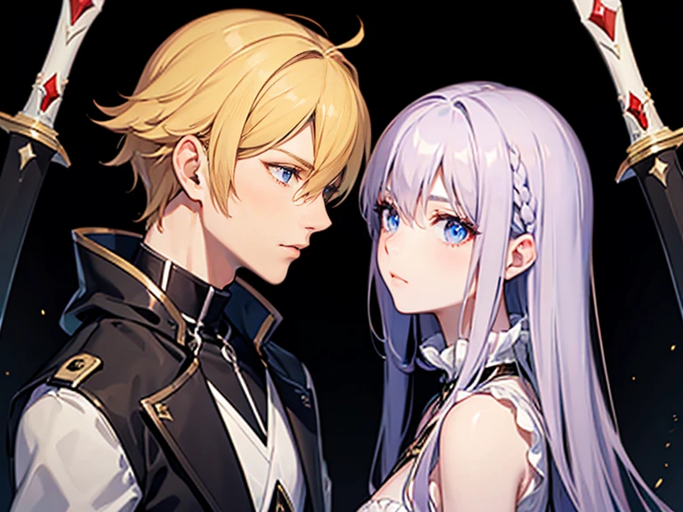 A pale purple-haired woman with blue eyes, clashing swords with a blonde-haired man with red eyes.
