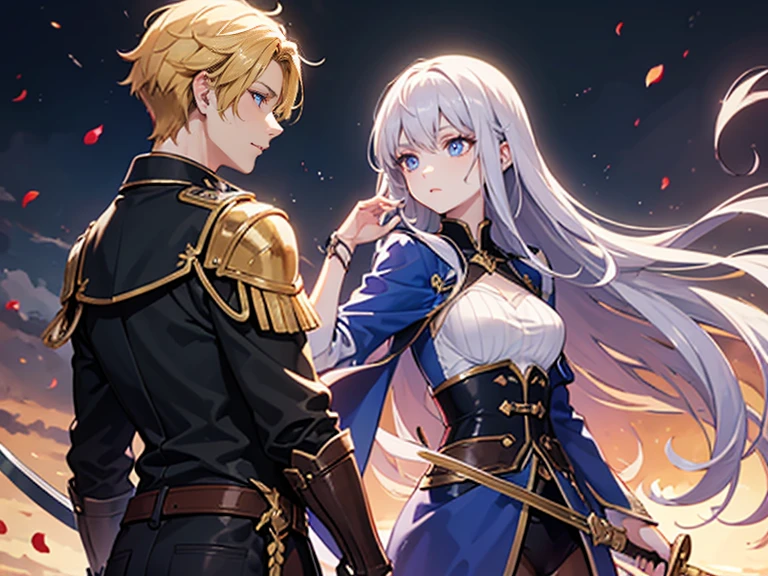 A pale purple-haired woman with blue eyes, clashing swords with a blonde-haired man with red eyes.