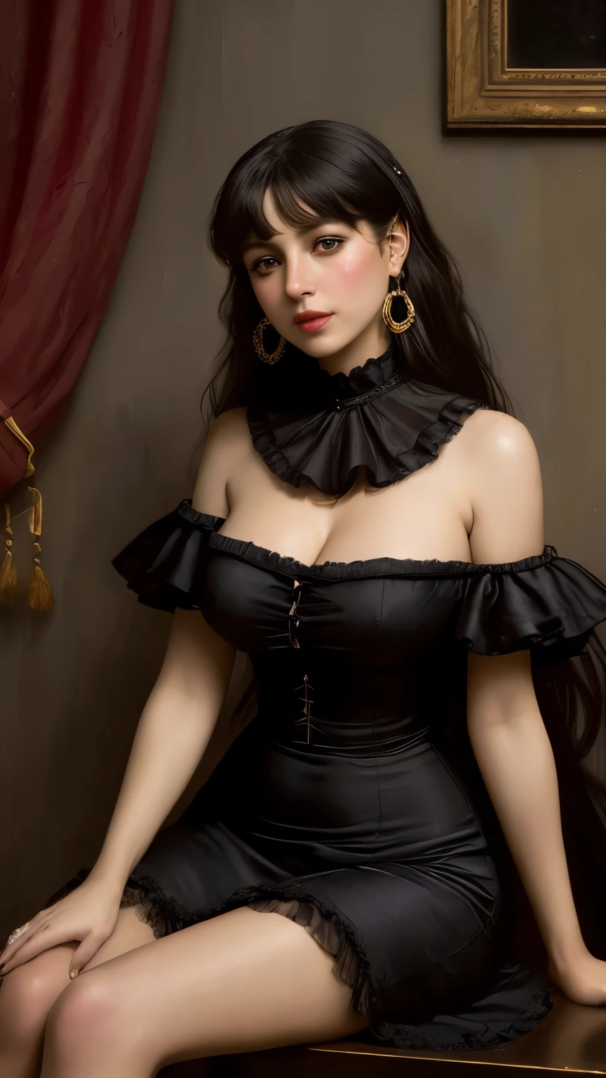,[exotic::.2] Spanish girl, sitting on a table, Dark luscious hair, , (heavy eyeshadow), slender, (collar, teardrop earrings:1), jewelry, red Spanish dress with frills, black lace, fantasy art, concept art, highly detailed, high quality, 8k, delicate features, feminine, seductive, warm soft lighting, (style of howard chandler christy:1.0), (art by jean-joseph benjamin-constant:1.3)
