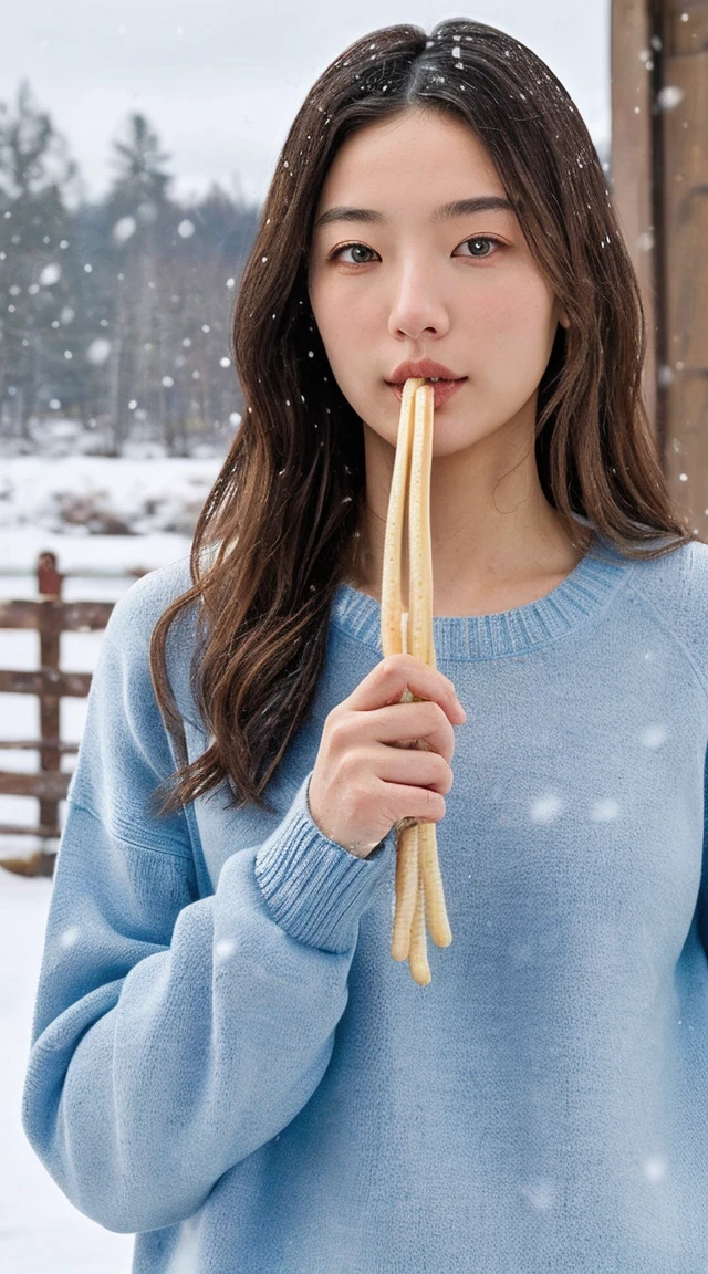 (masterpiece:1.35),(best-quality:1.4),8k,ultra-detailed,photography,(ultra-realistic:1.4), adult girl, long hair, sweater, snowing background, while holding a noodle with the INDOMIE brand