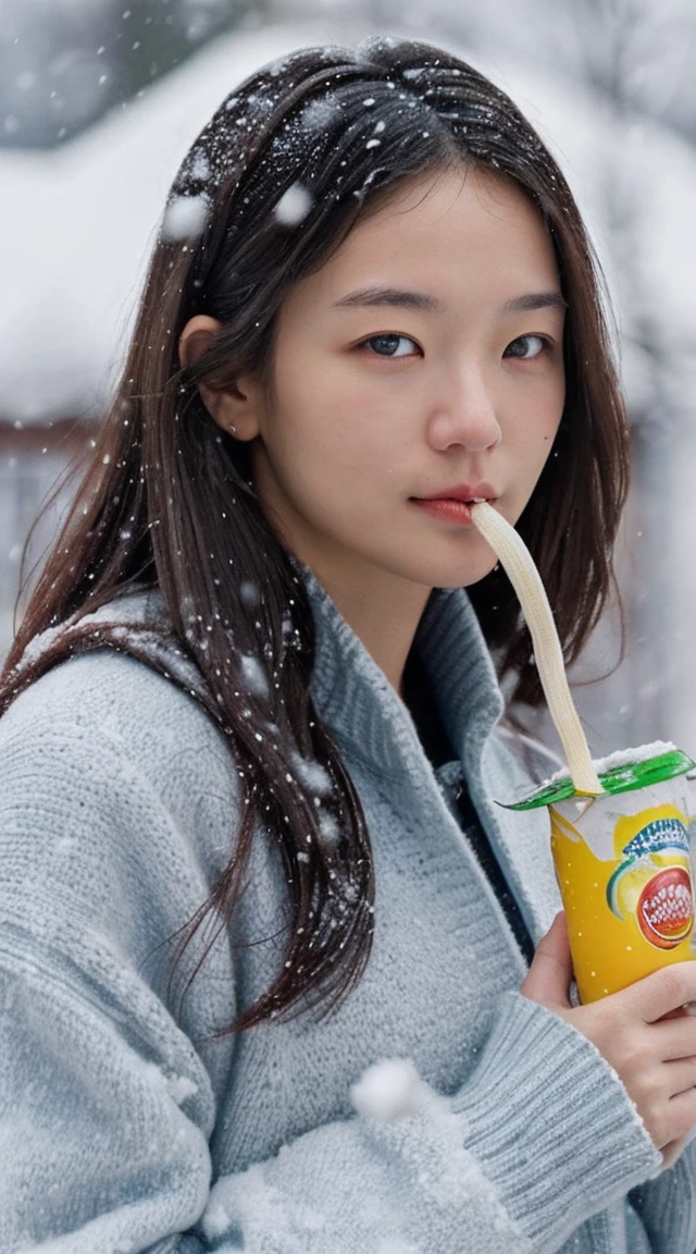 (masterpiece:1.35),(best-quality:1.4),8k,ultra-detailed,photography,(ultra-realistic:1.4), adult girl, long hair, sweater, snowing background, while holding a noodle with the INDOMIE brand