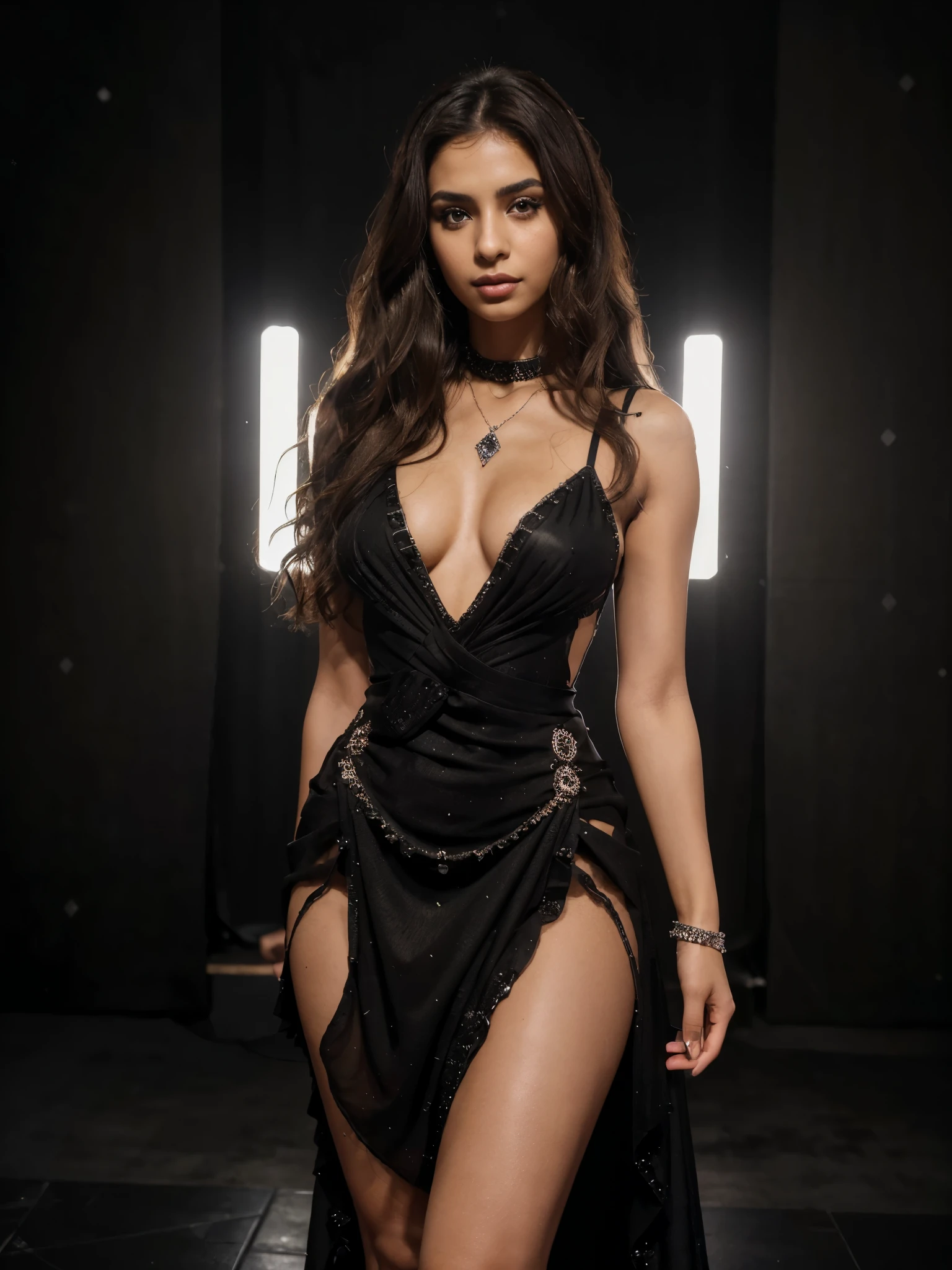 8k, RAW photo, best quality, ultra high resolution, (photorealistic), realistic photo of skinny egyptian girl, (skinny egyptian girl, 20 years old, most beautiful egyptian girl in the world, thick thighs, brown hair, wavy hair), ((on the stage)), modern interior, (black walls), bright light, camera flash, crowded place, (full body picture), ((seductive standing pose)), (posing for picture), seductive, (wearing: ((black diamond encrusted dress), jewelry), (((looking at viewer))), fierce look, seductive, (extremely detailed CG unity 8k wallpaper), Sharp focus, (bright light)