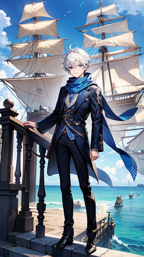 1male, white hair, pirate, sea, ships, blue eyes, scarf, blue outfit, black shoes, headphone, stairs, cloud