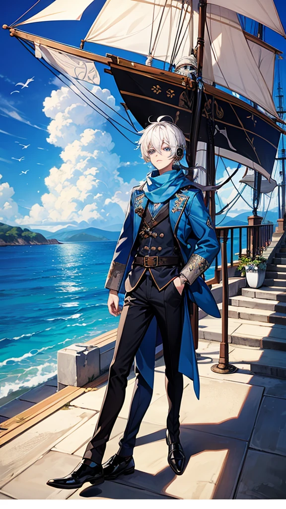 1male, white hair, pirate, sea, ships, blue eyes, scarf, blue outfit, black shoes, headphone, stairs, cloud