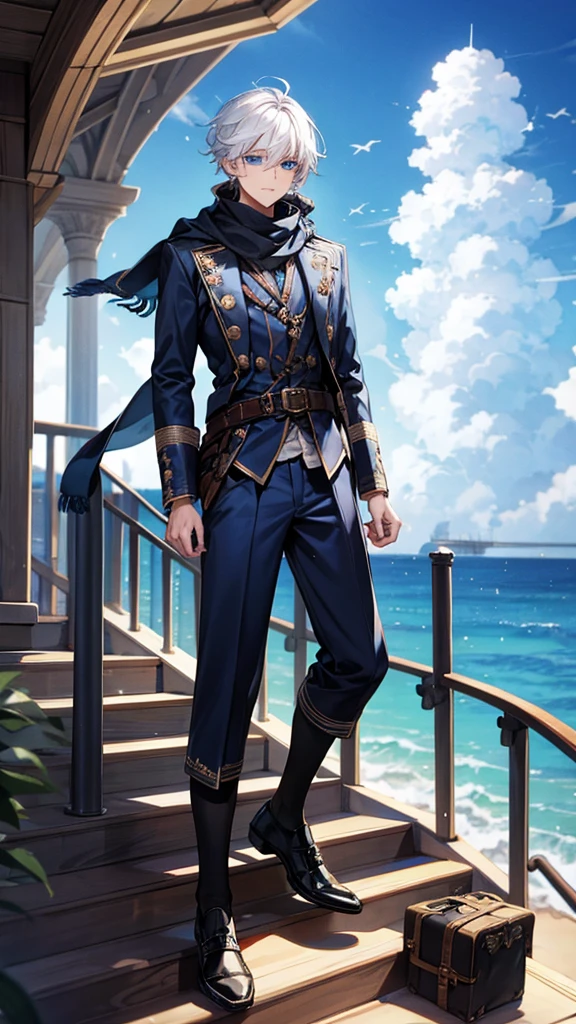 1male, white hair, pirate, sea, ships, blue eyes, scarf, blue outfit, black shoes, headphone, stairs, cloud
