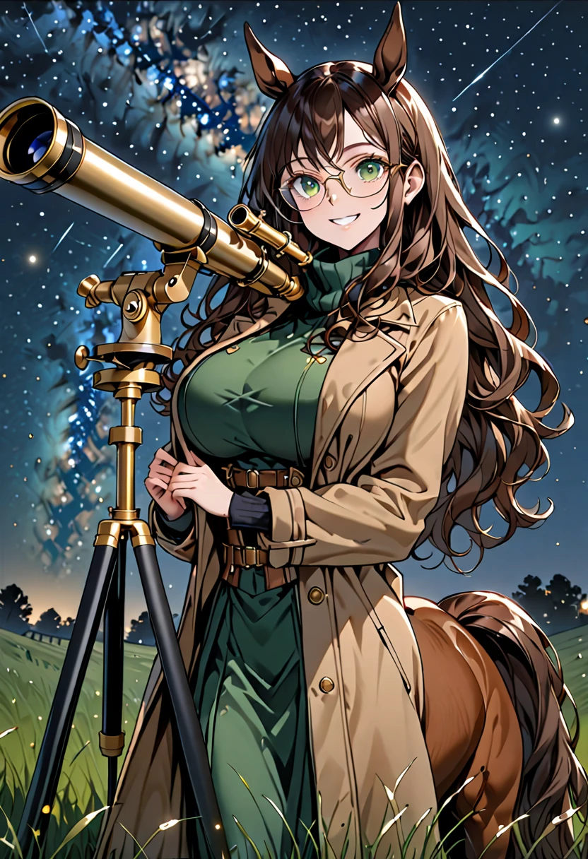 solo, female, sfw, close up:1.2, long wavy hair, brown hair, dark green eyes, centaur girl, huge woman, brown horse ears, huge breasts, scholar, modest clothes, night sky, wide smile, ((huge brass telescope on tripod)), starry sky, grassy field, night, coat, glasses, horse lower body:0.4