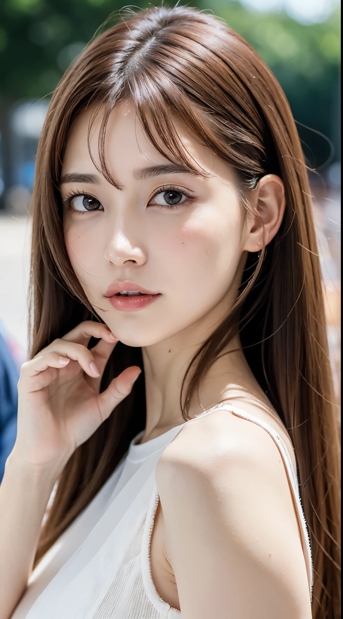 1womanl, up of face, mideum breasts, light brown hair, Blunt bangs, hair behind ear, hair over shoulder, Long hair, slender body shape, Ultra Fine Face, Thin face, Delicate lips, Beautiful eyes, thin blush, eyes are light brown, perfect glossy skin, flawless skin, Glistening sweat,View here, Ultra-thin hands, Ultra-fine fingers, best ratio four finger and one thumb, (realisitic:1.3), See-through white blouse. An amusement park, One-person viewpoint, Fuji Film, F/1.2, 8K, masutepiece, nffsw, Super Detail, High quality, Best Quality, hight resolution