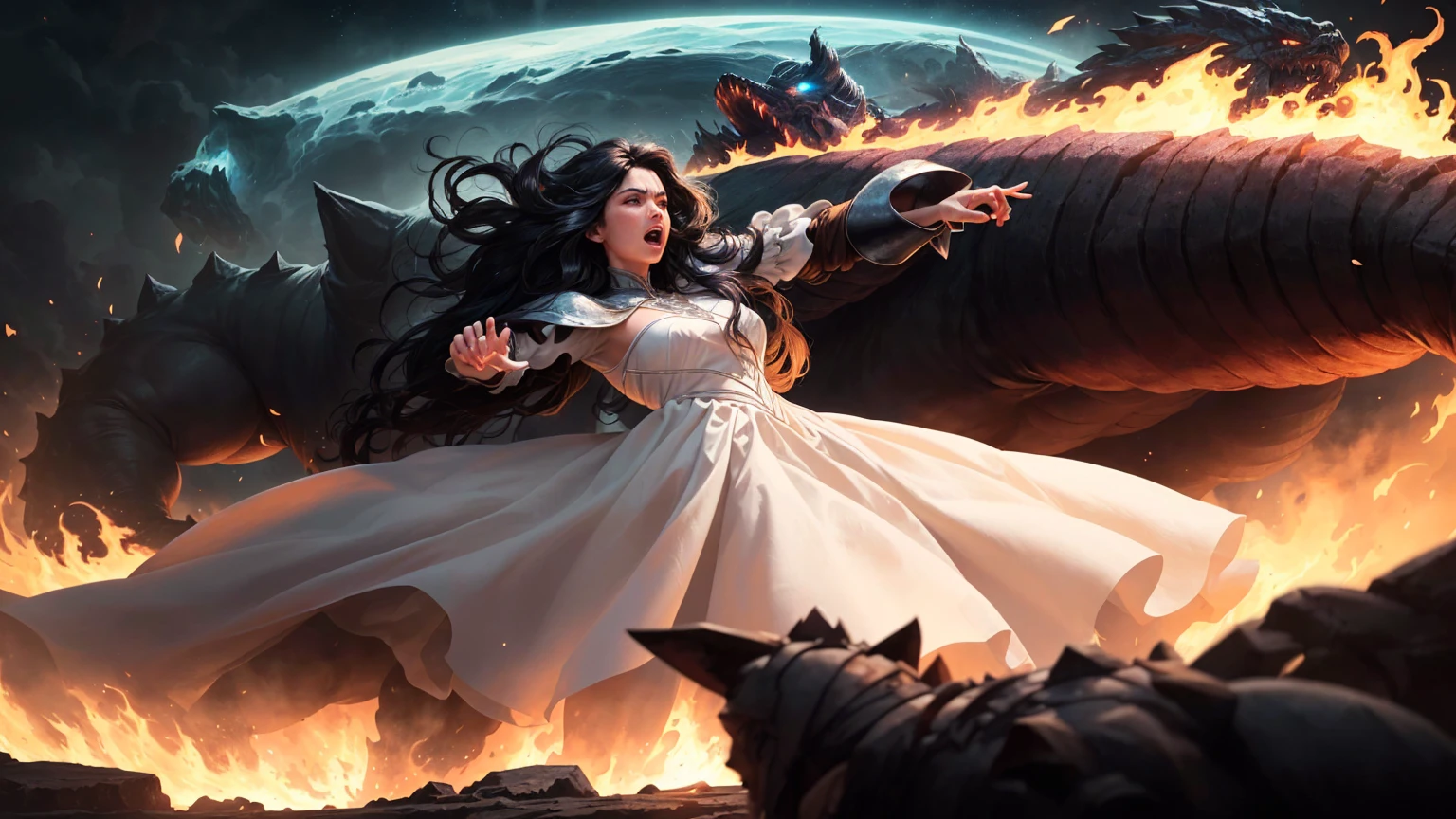 ((best quality)), ((masterpiece)), (detailed), A digital illustration of a furious long black haired woman wearing a full white princess dress throwing the head of a giant monster at night. The background is lava
