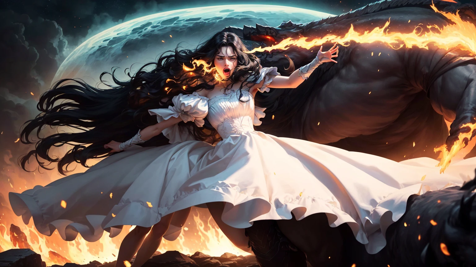 ((best quality)), ((masterpiece)), (detailed), A digital illustration of a furious long black haired woman wearing a full white princess dress throwing the head of a giant monster at night. The background is lava