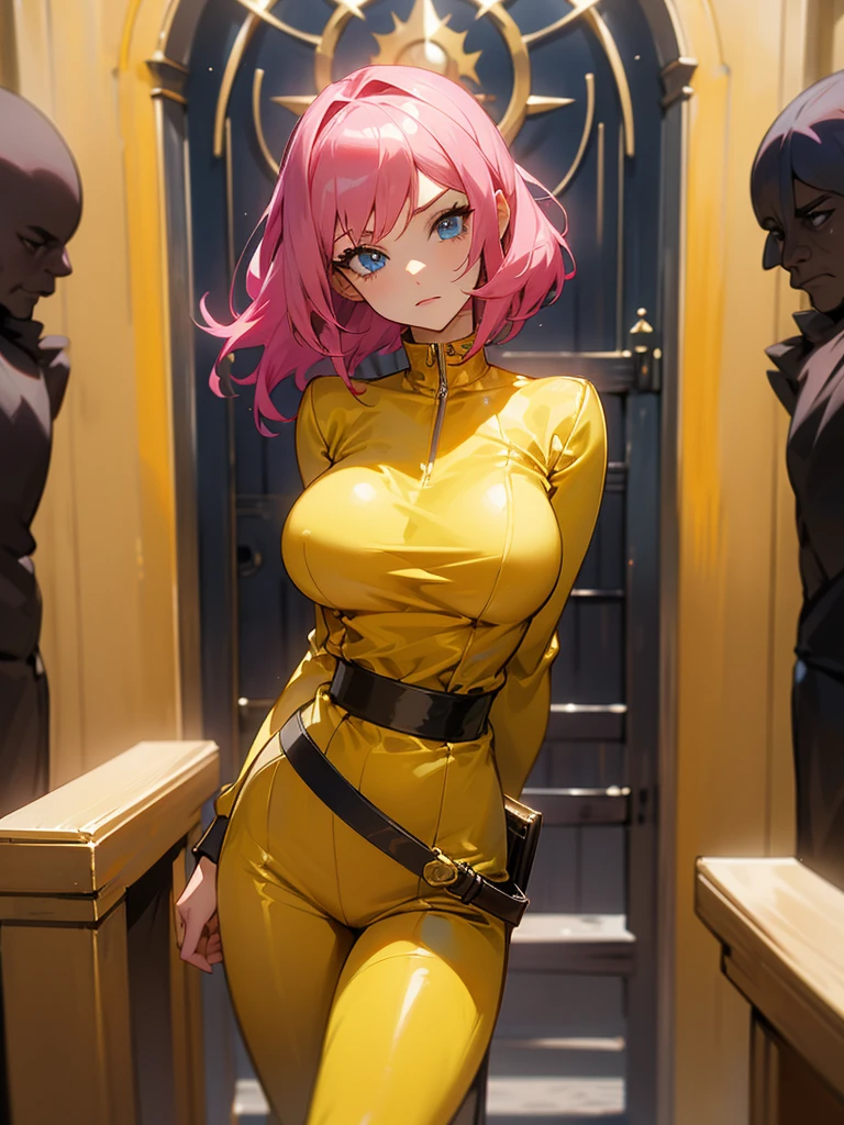 Fake , Mature woman, foto de busto, big pink hair, shining blue eyes, wearing a mustard yellow jumpsuit, breasts big, looking 35 years old, eye on the spectator, Look to the camera, , the background is dark metal gate, revegeance expression, foco no rosto, de frente, mostrar espada katana