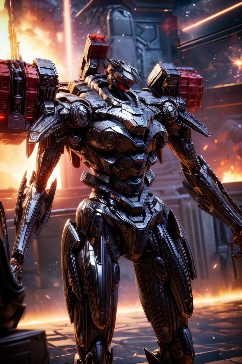 Extremely detaild, 8k, HDR, natural light, cinematic lighting, masterpiece--perfect, ultra HD, (Space  Battlefield:1.5), RAW photo, metallic, professional, ultra-fine painting, perfect body proportions, anatomically correct, uhd, real texture material, Anti-Aliasing, FKAA, TXAA, SSAO, Post Processing, Post Production, Tone Mapping, CGI, VFX, SFX, hyper maximalist, Volumetric, ultra photorealultra-detailed intricate details. Orange mech with white details, carried a double tower-shaped shield. Square body and octagonal connections brought a more sacred air, as well as its heavy and massive size to withstand heavy blows. (work of art, best qualityer:1.5)