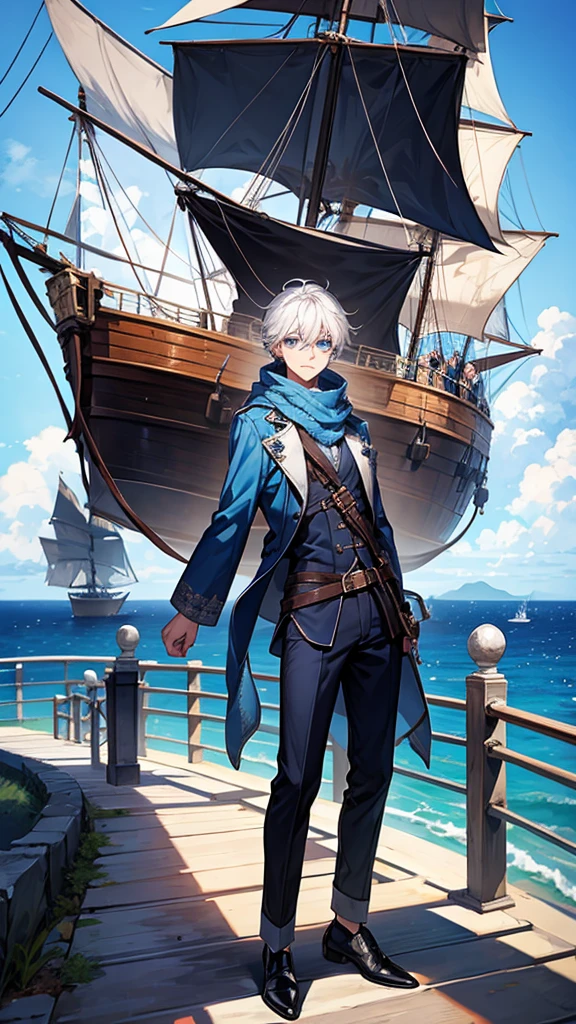 1male, white hair, pirate, sea, ships, blue eyes, scarf, blue outfit, black shoes, headphone, stairs, cloud