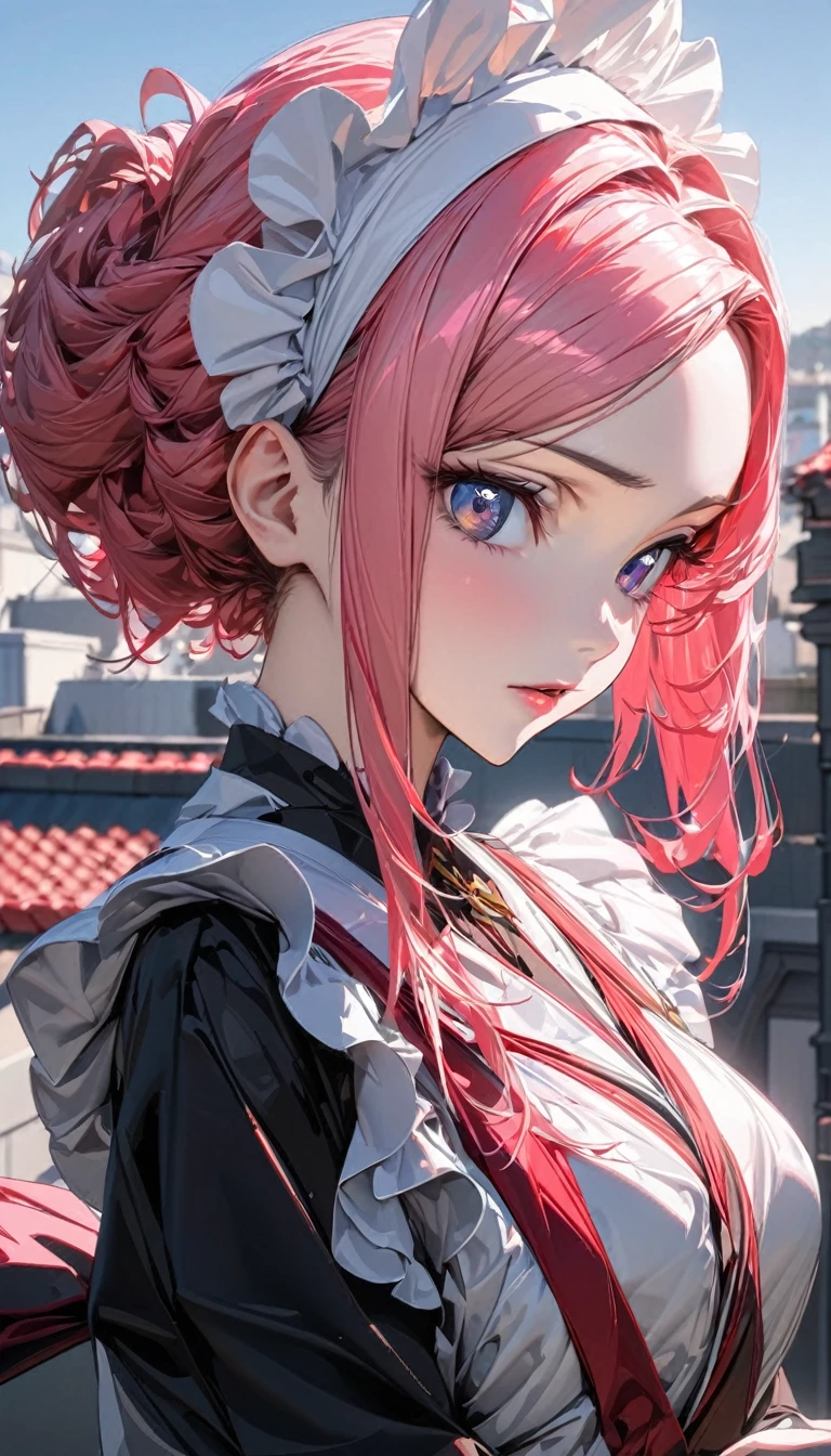One person, woman, Ultra-high resolution, 超detailed, Highest quality, 8k,((Highest quality)), ((masterpiece)), (detailed)，Face direction(front)，Hair Color(Bright pale pink,Fine hair quality), Hairstyle(Well-organized), background(Rooftop,)，eye(きれいなeye元), clothing(Maid)，expression(Exquisite features depicting a perfect face)，Body Type(model,Glamorous)，Perfect hands，完璧なwoman像, Dramatic Shadows, Japanese, Cute pose, Anime characters,Code Geass , 