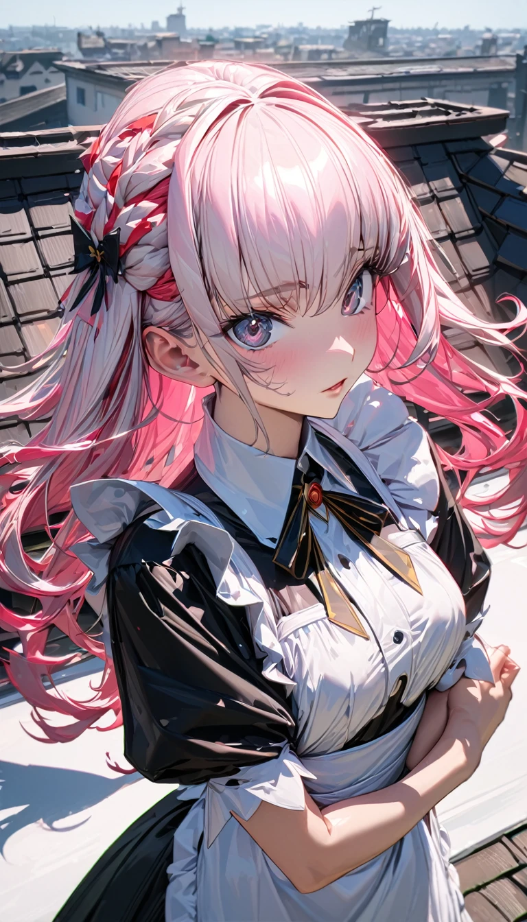 One person, woman, Ultra-high resolution, 超detailed, Highest quality, 8k,((Highest quality)), ((masterpiece)), (detailed),Face direction(front),Hair Color(Bright pale pink,Fine hair quality), Hairstyle(Well-organized), background(Rooftop,),eye(きれいなeye元), clothing(Maid),expression(Exquisite features depicting a perfect face),Body Type(model,Glamorous),Perfect hands,完璧なwoman像, Dramatic Shadows, Japanese, Cute pose, Anime characters,Code Geass ,