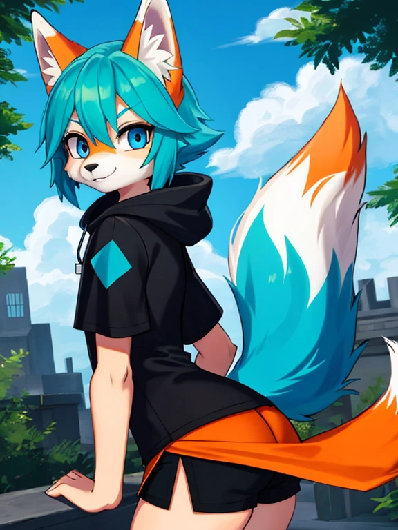 1. A girl wearing a blue hooded short sleeve shirt, orange and white fox fur tail, black shorts largos, and blue eyes in an outdoor setting, with a green hair and zorro, peludo, zorro, pelague naranja y blanco, human, blue eyes, green hair, orange and white fox fur tail, blue hooded short sleeve shirt, black shorts, exterior.pechos medianos,vestido,
