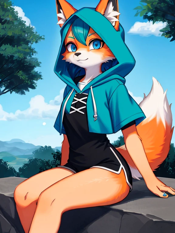 1. A girl wearing a blue hooded short sleeve shirt, orange and white fox fur tail, black shorts largos, and blue eyes in an outdoor setting, with a green hair and zorro, peludo, zorro, pelague naranja y blanco, human, blue eyes, green hair, orange and white fox fur tail, blue hooded short sleeve shirt, black shorts, exterior.pechos medianos,vestido,