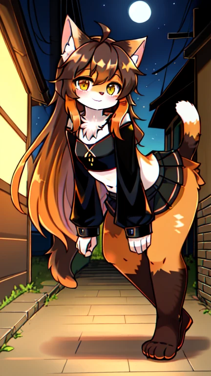 by Kilinah, by Coffeesoda, by Hioshiru, by Kilinah, uploaded E621, beautiful and detailed portrait of a woman (((female))) anthro cat, lighting Zenematic, seductive, bl, cat, thighighs, big chest, full body, beautiful, messy hair, brown hair, white eyes, thicc, solo, standing, long hair, 2-tone hair ((orange | black)), cat ears, Totora, Totora, Thighighs, Calico cat, Heterochromia ((green | blue)), pink crop top with long sleeves, black skirt, dark alley, bent over