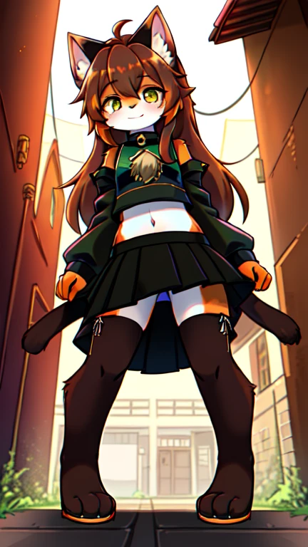 by Kilinah, by Coffeesoda, by Hioshiru, by Kilinah, uploaded E621, beautiful and detailed portrait of a woman (((female))) anthro cat, lighting Zenematic, seductive, bl, cat, thighighs, big chest, full body, beautiful, messy hair, brown hair, white eyes, thicc, solo, standing, long hair, 2-tone hair ((orange | black)), cat ears, Totora, Totora, Thighighs, Calico cat, Heterochromia ((green | blue)), pink crop top with long sleeves, black skirt, dark alley, bent over