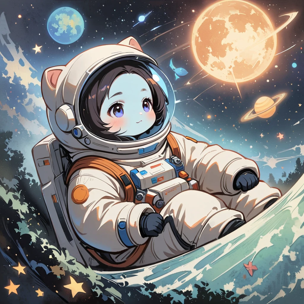Boy sit in spacesuit floating in space,glabrous, surrounded by the Milky Way, the universe , cutely. กินขนม เจอเอเลี่ยน