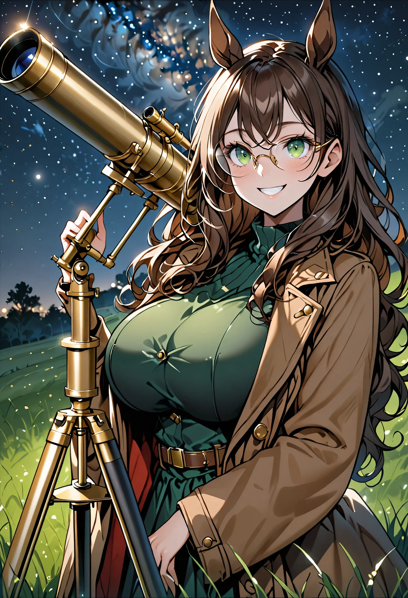 solo, female, sfw, close up:1.2, long wavy hair, brown hair, dark green eyes, centaur girl, huge woman, brown horse ears, huge breasts, scholar, modest clothes, night sky, wide smile, ((huge brass telescope on tripod)), starry sky, grassy field, night, coat, glasses, 