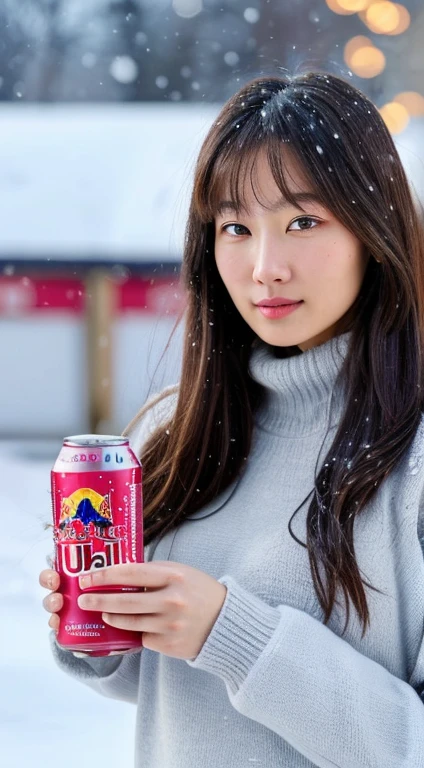 (masterpiece:1.35),(best-quality:1.4),8k,ultra-detailed,photography,(ultra-realistic:1.4), adult girl, long hair, sweater, snowing background, while holding an energy drink with the Redbull brand