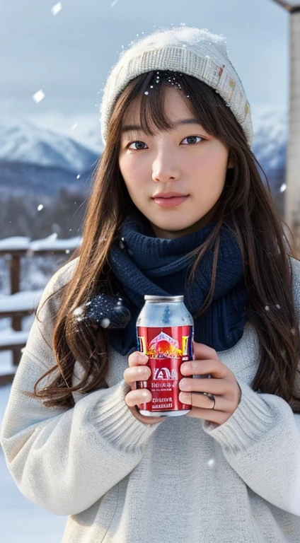 (masterpiece:1.35),(best-quality:1.4),8k,ultra-detailed,photography,(ultra-realistic:1.4), adult girl, long hair, sweater, snowing background, while holding an energy drink with the Redbull brand