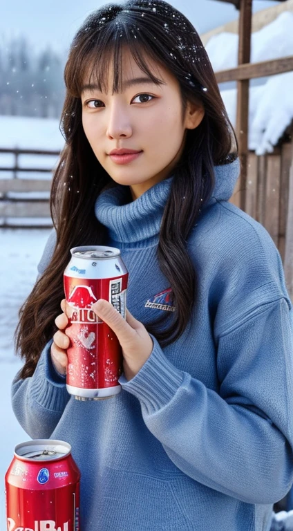 (masterpiece:1.35),(best-quality:1.4),8k,ultra-detailed,photography,(ultra-realistic:1.4), adult girl, long hair, sweater, snowing background, while holding an energy drink with the Redbull brand