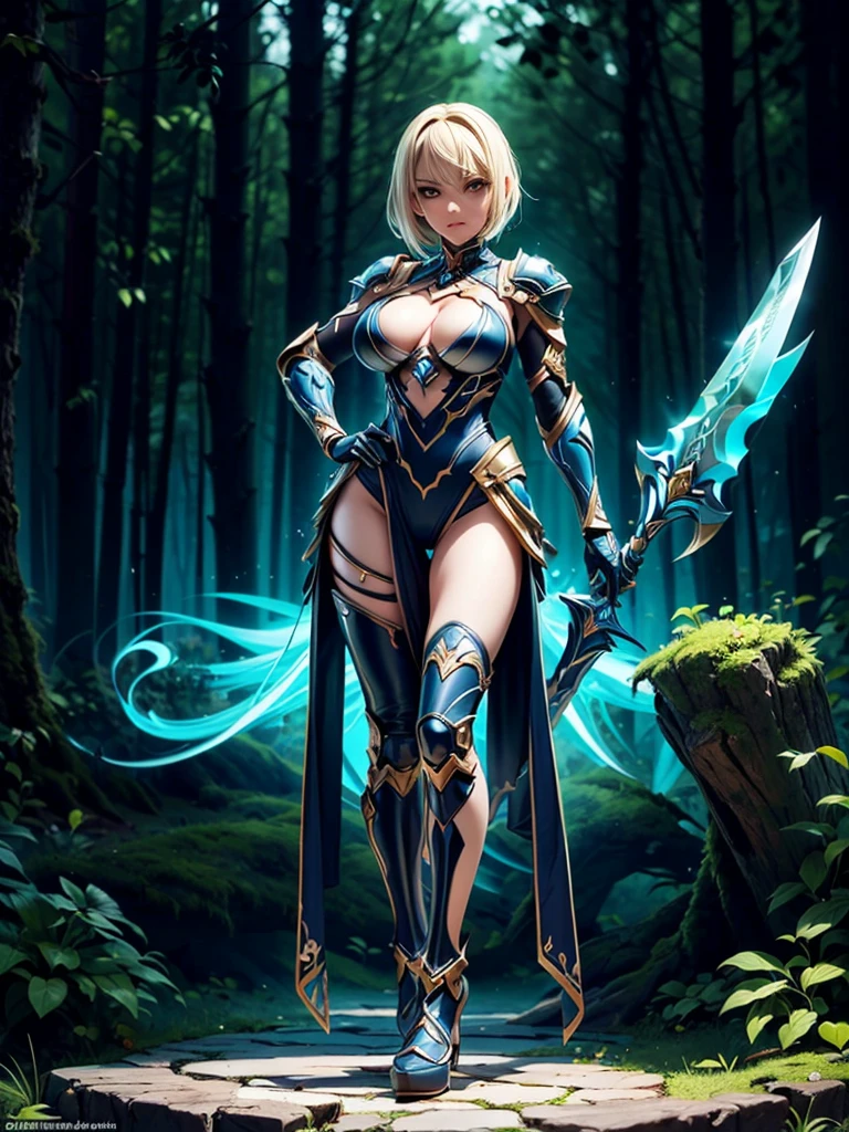 (((masterpiece, best quality, high detailed, 8k))) Design a layout showcase Gaming character, (1girl). Red|Black clothes, stylish and unique. ((showcase weapon:1.4)), enchanted sword. (masterpiece:1.2), (best quality), 4k, ultra-detailed. (Step by step design, layout art:1.5), (luminous lighting, atmospheric lighting). warrior, ((glove full hands)), (((revealing clothes:1.3))), vambraces, armored legwear, (((full_body_shot:1.4))). {In a mystical forest}.