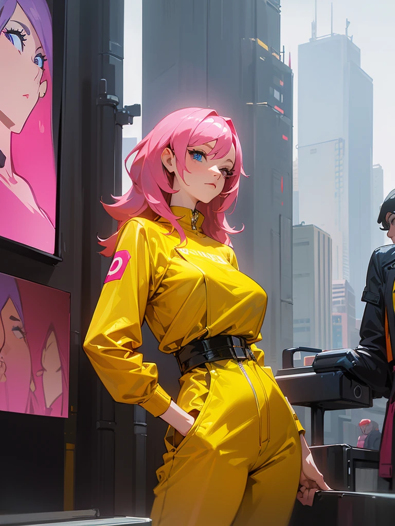 Fake , Mature woman, foto de busto, big pink hair, shining blue eyes, wearing a mustard yellow jumpsuit, breasts big, looking 35 years old, eye on the spectator, Look to the camera, , the background is a cyberpunk city, revegeance expression, foco no rosto, de frente, mostrar espada katana