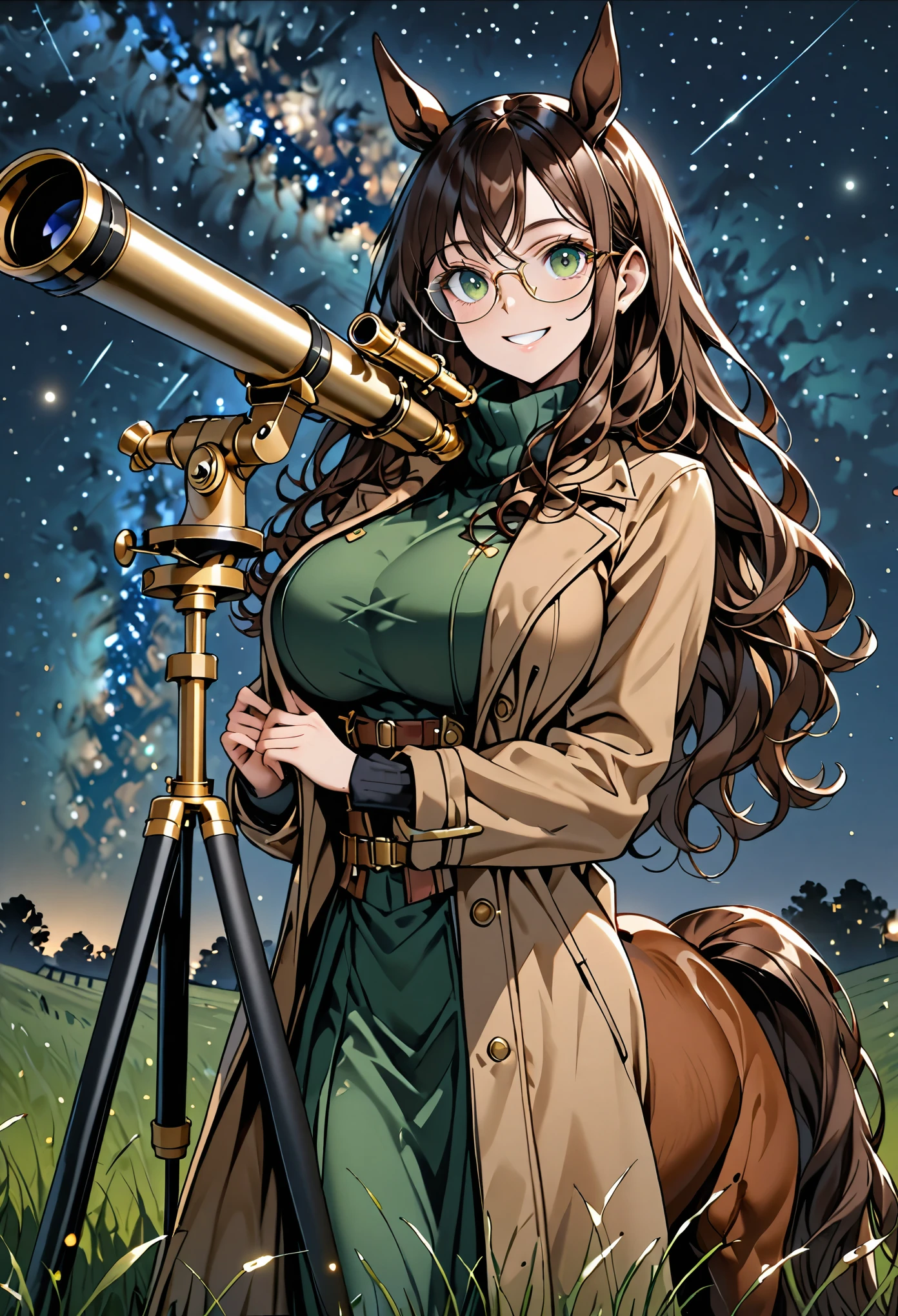 solo, female, sfw, close up:1.2, long wavy hair, brown hair, dark green eyes, centaur girl, huge woman, brown horse ears, huge breasts, scholar, modest clothes, night sky, wide smile, ((huge brass telescope on tripod)), starry sky, grassy field, night, coat, glasses, horse lower body:0.4