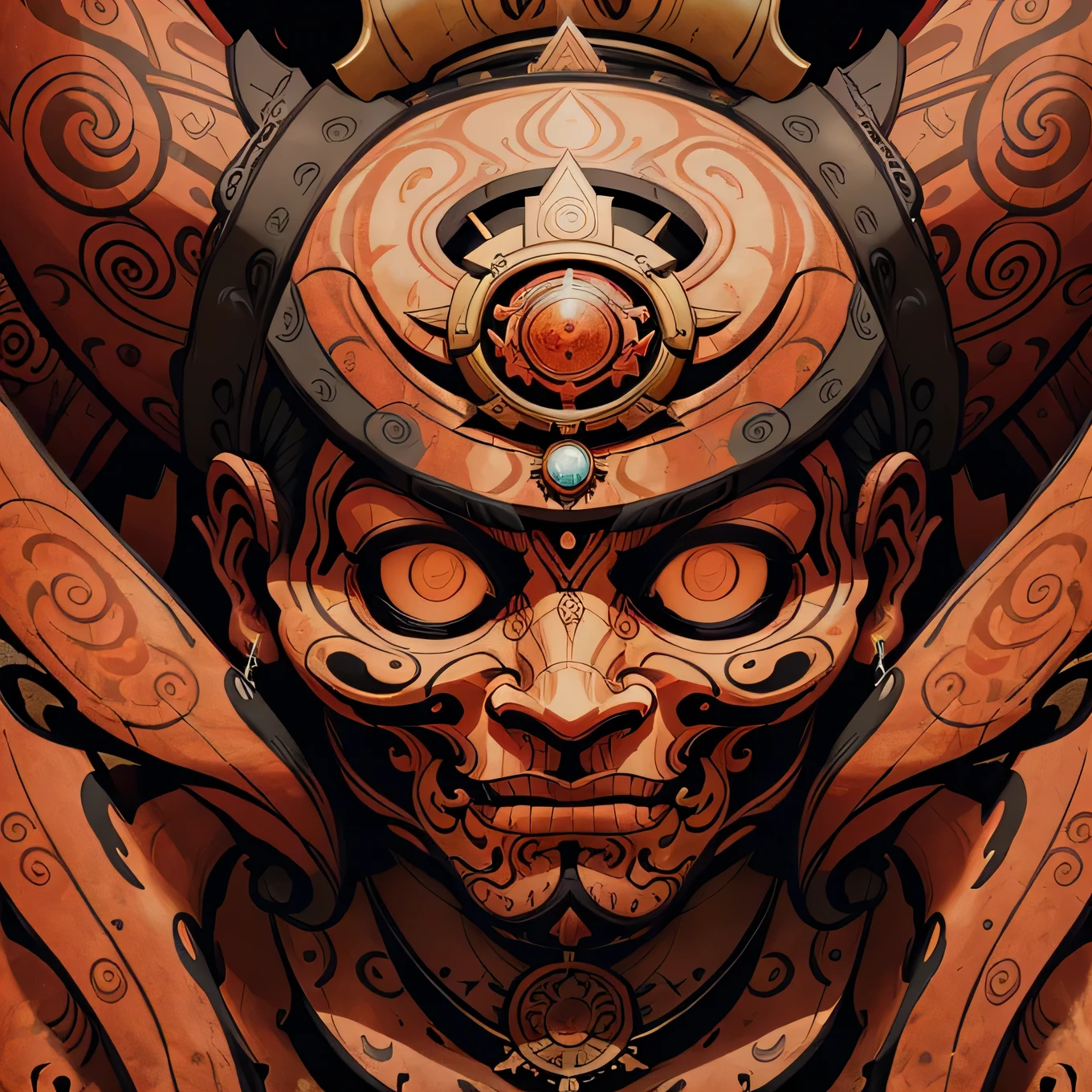 explosive, supernatural painting of a shape-shifting deity, adorned with chaotic and omnipresent Mayan motifs, piercing eyes, a breathtaking amalgam of art and captivating photo collage, Mesmerizing poster design:: woody tone:: its appearance exuded the enigmatic allure of ancient Mayan minimalism fused with cosmic chaos:: --ar 9:16 --s 963 --c 9 --q 2 --v 5