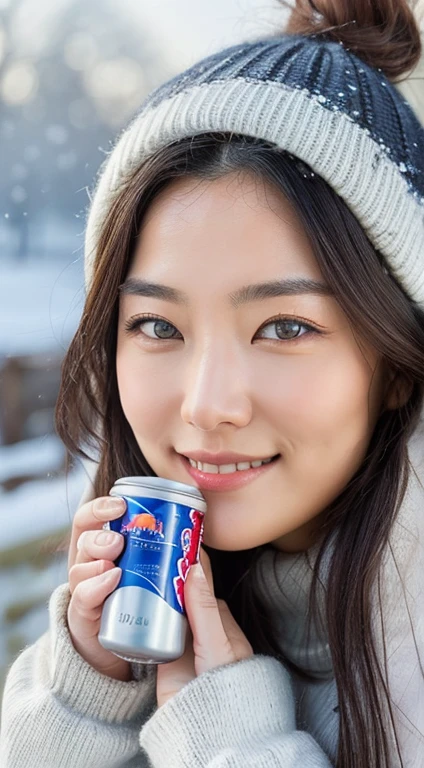 (masterpiece:1.35),(best-quality:1.4),8k,ultra-detailed,photography,(ultra-realistic:1.4),adult girl,long hair,sweater,snowing background,holding energy drink,Redbull brand,beautiful detailed eyes,beautiful detailed lips,extremely detailed face and eyes,longeyelashes,winter,snow,cozy,warm,smiling,calm,natural lighting,soft colors,glowing skin,intricate details