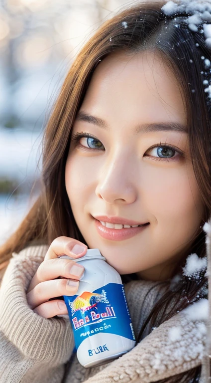 (masterpiece:1.35),(best-quality:1.4),8k,ultra-detailed,photography,(ultra-realistic:1.4),adult girl,long hair,sweater,snowing background,holding energy drink,Redbull brand,beautiful detailed eyes,beautiful detailed lips,extremely detailed face and eyes,longeyelashes,winter,snow,cozy,warm,smiling,calm,natural lighting,soft colors,glowing skin,intricate details