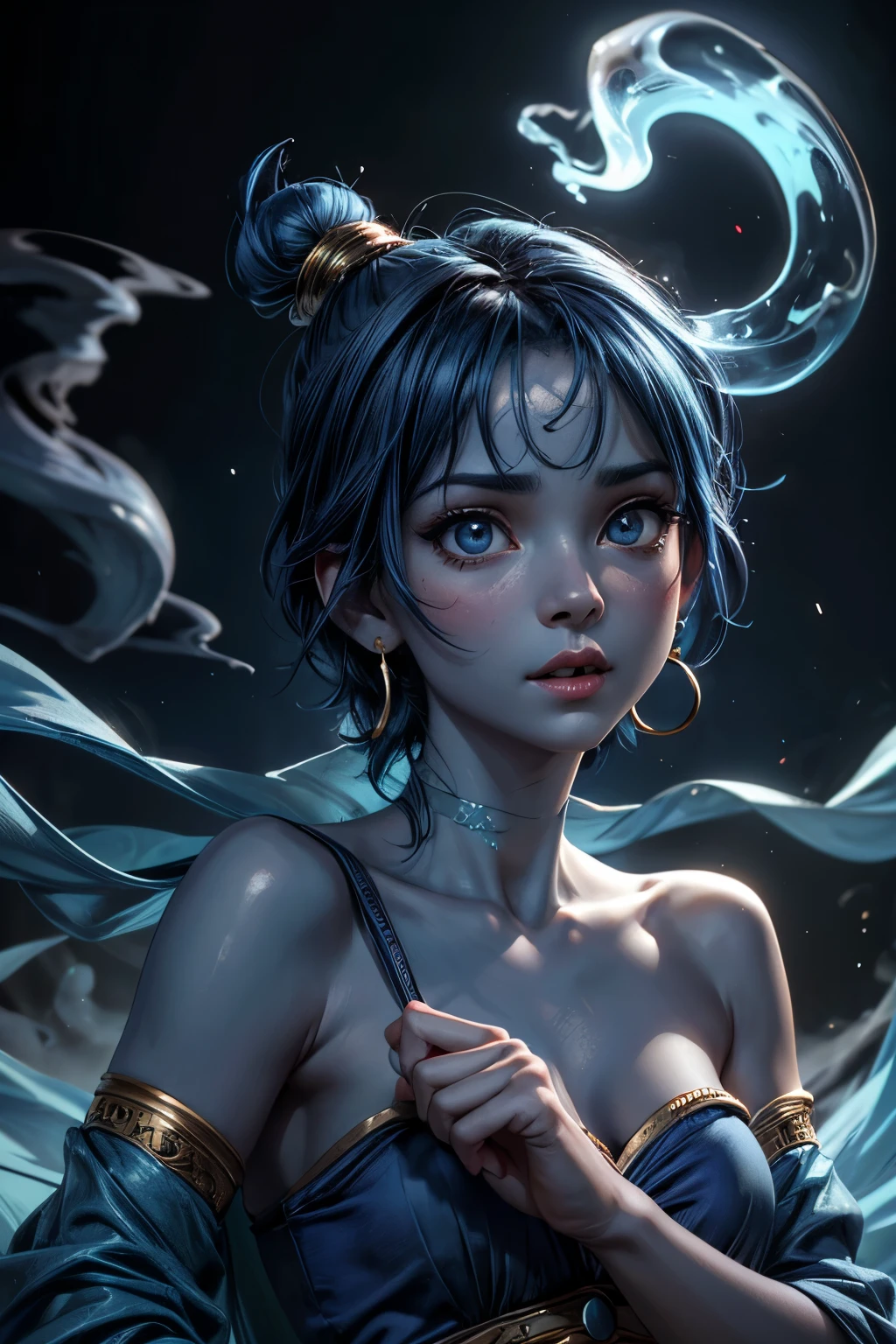 realistic, analog photo, Masterpiece, RAW photo, full-length portrait, photorealistic, (detailed cute face), genie, (folkloric Arabic creature), (in "Aladdin" style), (beautiful female), short blue hair, blue skin, in the Arabic village, (ghost blue smoke body), smoke particles, halo, (bioluminescent:0.95), vivid colors, vibrant color details, dynamic, Intensed eyes, sexy, pleasure, smoke splash, wishmaster, depth of field, 35mm, film grain, raw photo, isometric, extremely detailed