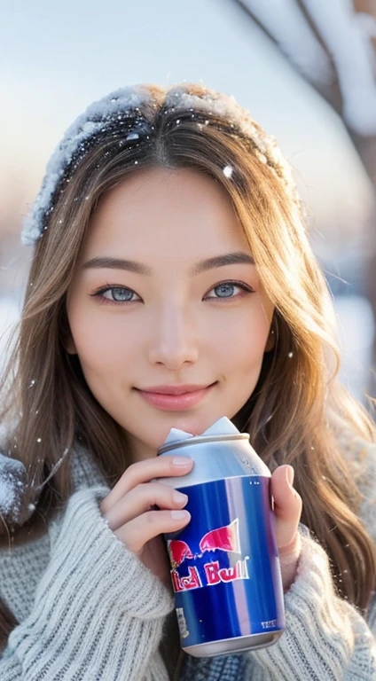 (masterpiece:1.35),(best-quality:1.4),8k,ultra-detailed,photography,(ultra-realistic:1.4),adult girl,long hair,sweater,snowing background,holding energy drink,Redbull brand,beautiful detailed eyes,beautiful detailed lips,extremely detailed face and eyes,longeyelashes,winter,snow,cozy,warm,smiling,calm,natural lighting,soft colors,glowing skin,intricate details