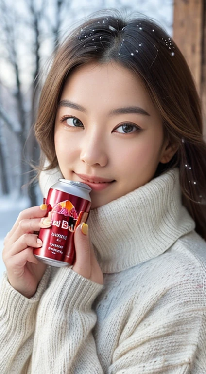 (masterpiece:1.35),(best-quality:1.4),8k,ultra-detailed,photography,(ultra-realistic:1.4),adult girl,long hair,sweater,snowing background,holding energy drink,Redbull brand,beautiful detailed eyes,beautiful detailed lips,extremely detailed face and eyes,longeyelashes,winter,snow,cozy,warm,smiling,calm,natural lighting,soft colors,glowing skin,intricate details