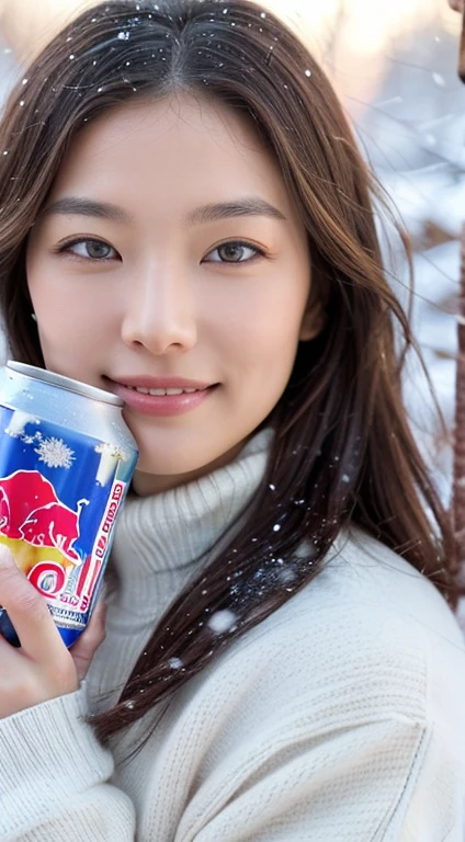 (masterpiece:1.35),(best-quality:1.4),8k,ultra-detailed,photography,(ultra-realistic:1.4),adult girl,long hair,sweater,snowing background,holding energy drink,Redbull brand,beautiful detailed eyes,beautiful detailed lips,extremely detailed face and eyes,longeyelashes,winter,snow,cozy,warm,smiling,calm,natural lighting,soft colors,glowing skin,intricate details