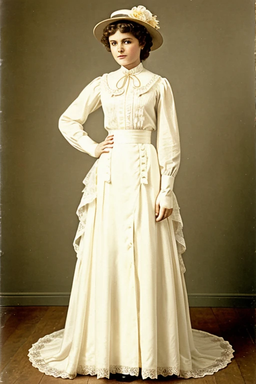 A stylish 14yo brunette teenage Gibson Girl wearing her bridal gown. Year 1906. Edwardian high-neck long sleeve dress. Ornate wide-brimmed veiled picture hat fully topped with flowers, ribbons and feathers. Gloves in both hands. Sash tied around her waist. Floor-length skirt. Button boots. 40-20-40 hourglass figure. Large bosom. Wasp waist. Large rear