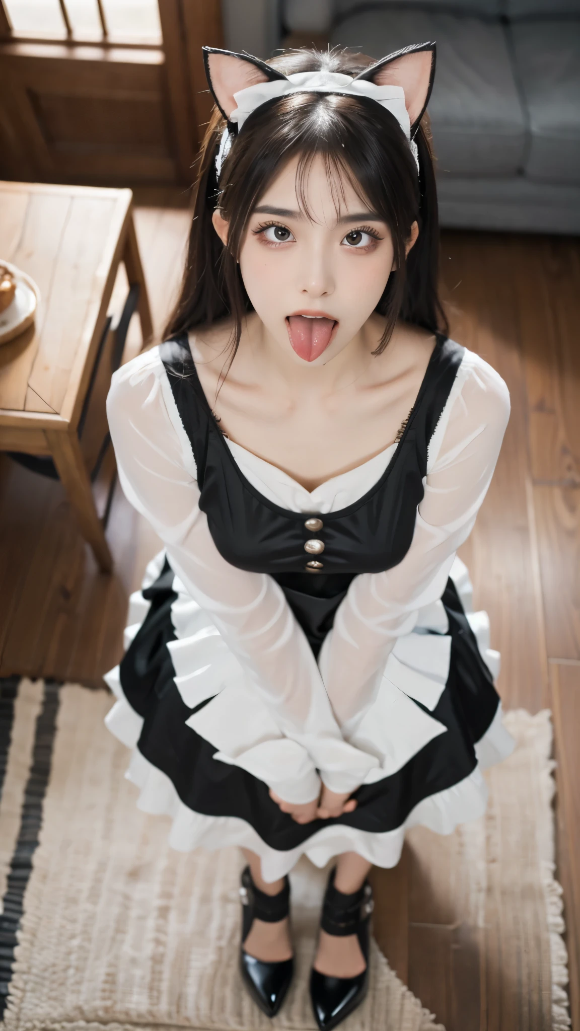 masterpiece, The best quality, Ultra-high resolution, High detail photo, Unity 8K Wallpaper, Extremely detailed CG:1.2), depth of field, bokeh, (RAW photo:1.realistic photography:1.4), (1girl:1.5), young, physically based representation, beautiful, (Finely detailed face:1.4, detailed clothing), (detailed:1.4) named (Eimi Fukada:1.1) BREAK Cara hermosa, depth of field, Add layer, hyperrealistic, 27 years old, perfect body model, perfect breasts, 175cm tall, pose sexy, full body, Whole body, Model Body Type, BREAK (extreme skin details:1.1), skin details, (maid attire, black pantyhose, high heels, maid:1.3), double eyelid BREAK Santorini house, indoor, Mediterranean style, (living room:1.3), (close up:0.3), (cat ears:1.1) kneeling looking a the camera, (from above:1.3), facial, ahegao, rolling eyes, tongue, tongue out