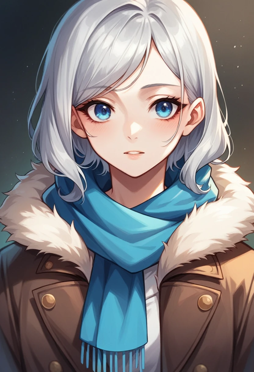 Create a portrait of an elegant middle-aged woman with long, wavy silver hair and bright blue eyes. She has a warm and serene expression, with natural makeup highlighting her features. She is dressed in a cozy, stylish outfit, including a scarf and a coat, suggesting a cool weather setting. The background is softly blurred, focusing attention on her face and hair.