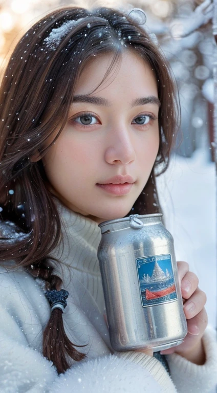 (masterpiece:1.35),(best-quality:1.4),8k,ultra-detailed,photography,(ultra-realistic:1.4),adult girl,long hair,sweater,snowing background,holding bear brand milk can,detailed face,beautiful eyes,beautiful lips,intricate details,warm lighting,winter atmosphere,soft snow texture,environmental details