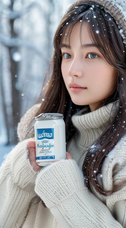 (masterpiece:1.35),(best-quality:1.4),8k,ultra-detailed,photography,(ultra-realistic:1.4),adult girl,long hair,sweater,snowing background,holding bear brand milk can,detailed face,beautiful eyes,beautiful lips,intricate details,warm lighting,winter atmosphere,soft snow texture,environmental details