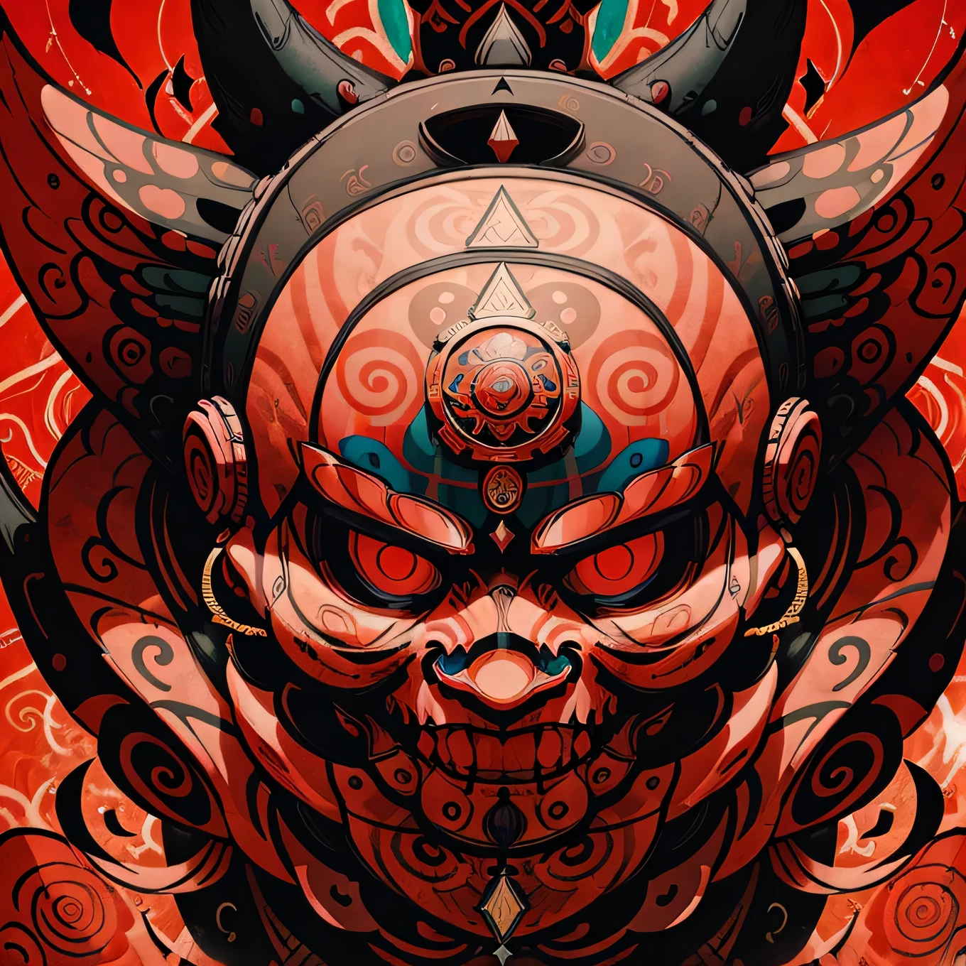 explosive, supernatural painting of a shape-shifting deity, adorned with chaotic and omnipresent Mayan motifs, piercing eyes, a breathtaking amalgam of art and captivating photo collage, Mesmerizing poster design:: its appearance exuded the enigmatic allure of ancient Mayan minimalism fused with cosmic chaos:: --ar 9:16 --s 963 --c 9 --q 2 --v 5