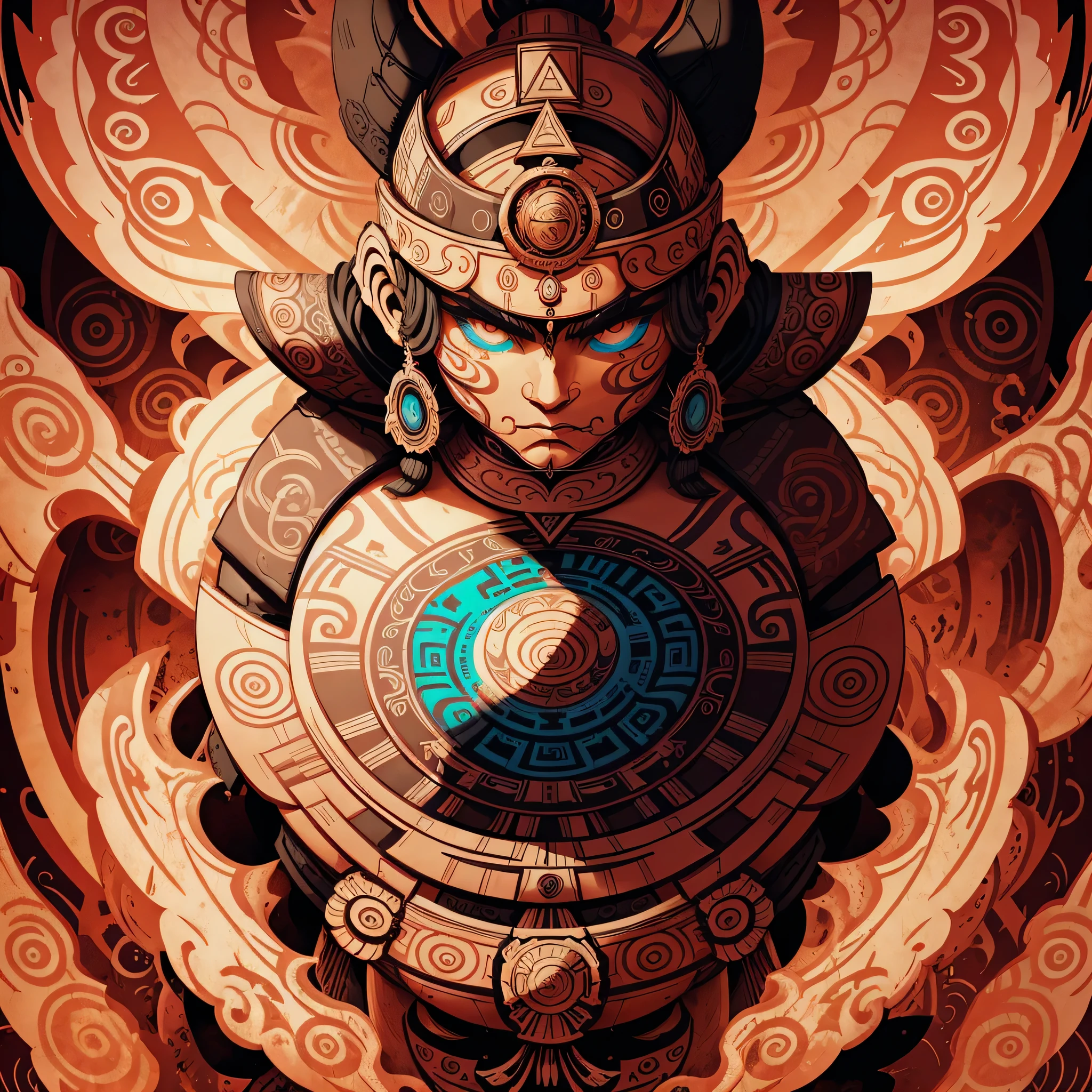 explosive, supernatural painting of a shape-shifting deity, adorned with chaotic and omnipresent Mayan motifs, piercing eyes, a breathtaking amalgam of art and captivating photo collage, Mesmerizing poster design:: its appearance exuded the enigmatic allure of ancient Mayan minimalism fused with cosmic chaos:: --ar 9:16 --s 963 --c 9  --q 2  --v 5