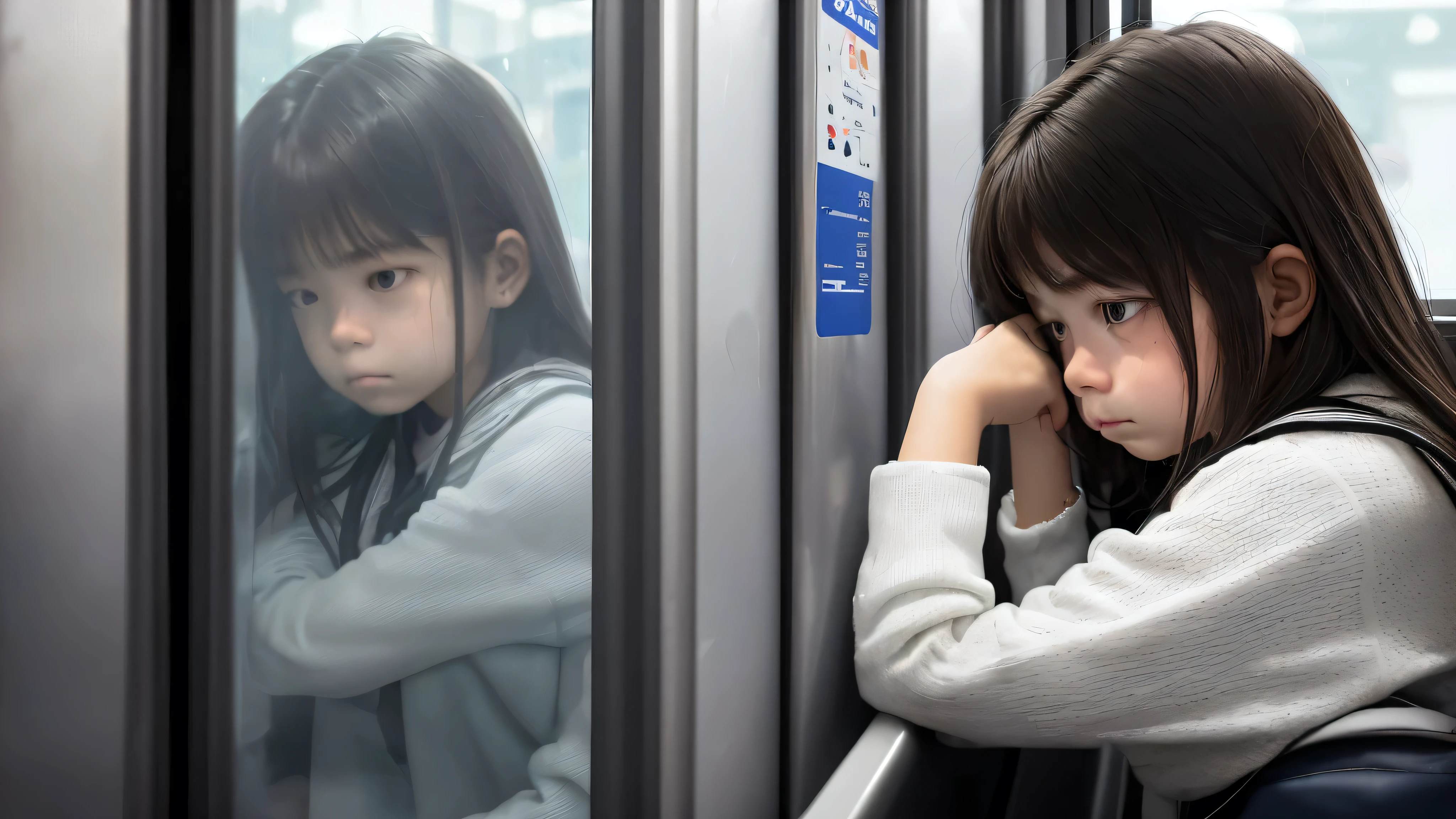 A close-up shot of a sad young girl named Mia, sitting alone in a subway car. She is looking thoughtfully out of the window. The lighting is dim, casting a melancholic shadow on her face. Her expression is pensive, reflecting her feelings of loneliness. The background shows a blurred view of the subway interior, emphasizing her isolation.